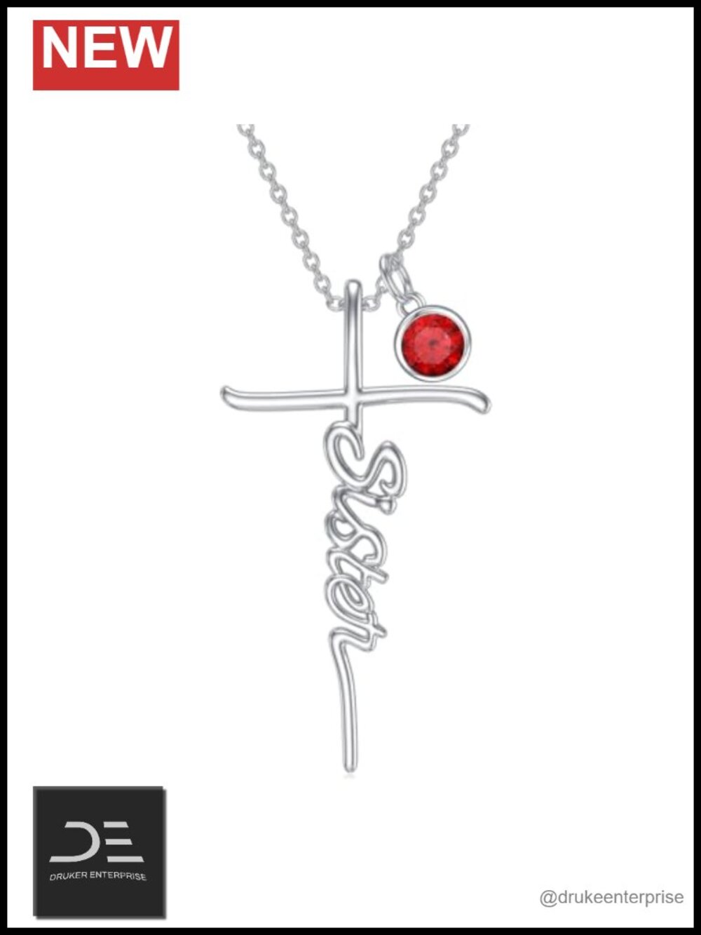925 Sterling Silver Sister Cross Birthstone Pendant Necklace 20"